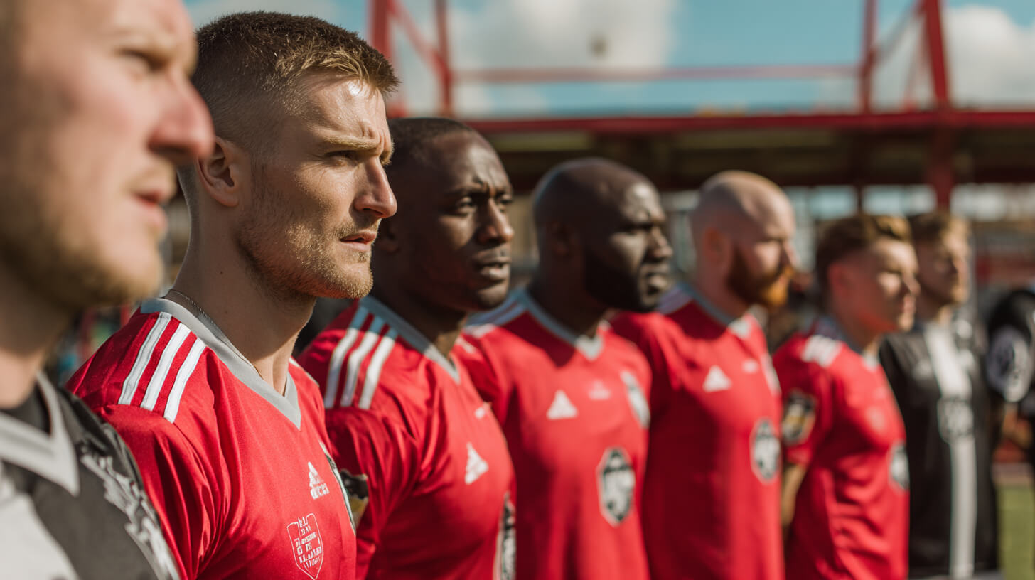 Voetbalteam in wedstrijdtenue met sponsorlogo&rsquo;s op amateurvoetbalshirts voorafgaand aan een wedstrijd.