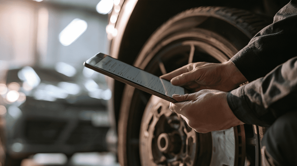Handen met een tablet naast een autowiel en remschijf in een werkplaats