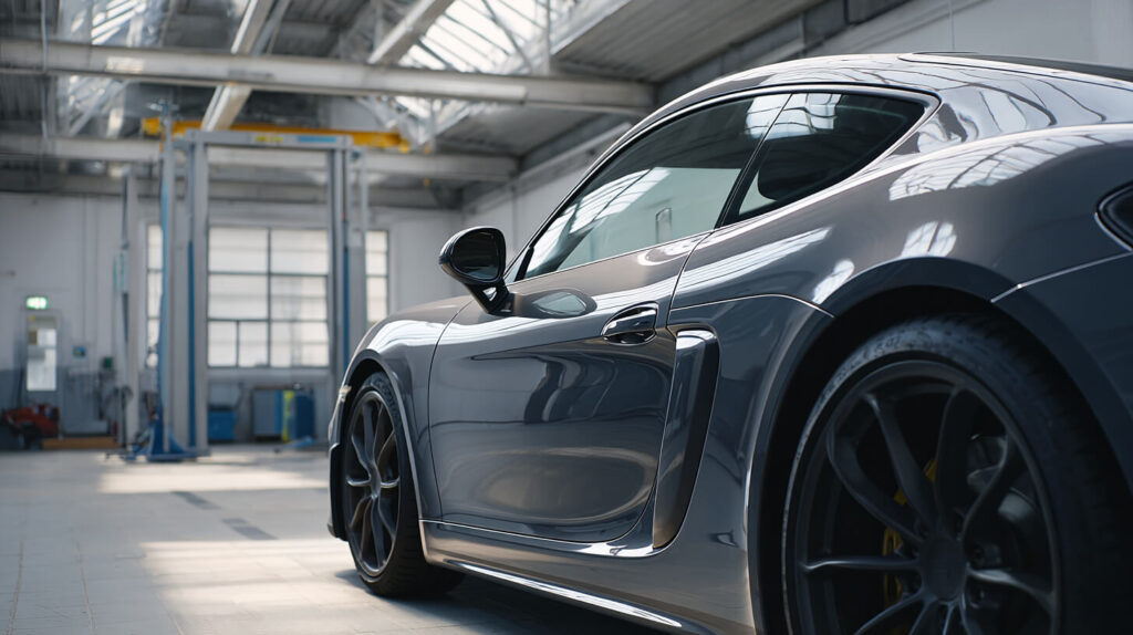Grijze auto van dichtbij gefotografeerd in een garagewerkplaats na een kleurwijziging