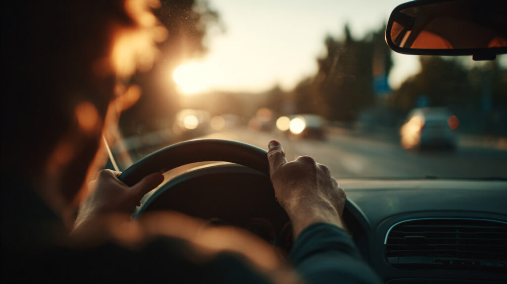 Close-up van handen aan het stuur tijdens het autorijden bij zonsondergang in het verkeer