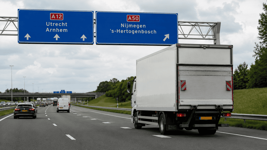 bakwagen met laadklep op snelweg