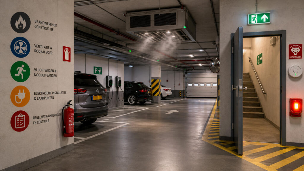 Brandveiligheid in afgesloten garages met rookafvoer, nooduitgangen en laadpunten.