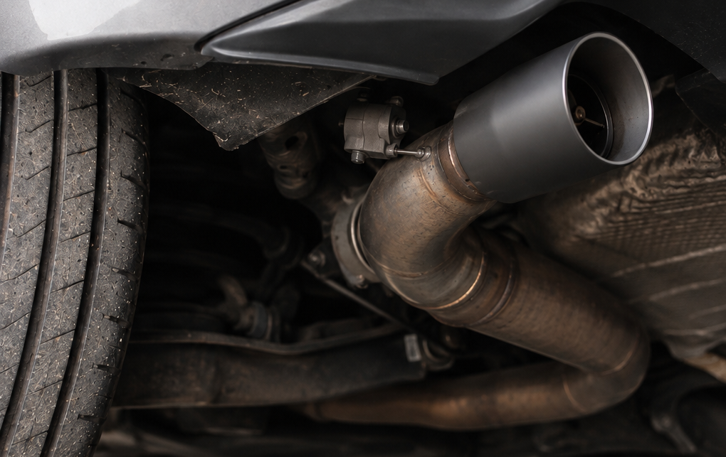 Close-up van het uitlaatsysteem van een auto, met een zwarte uitlaatklep en zichtbare onderdelen onder de auto