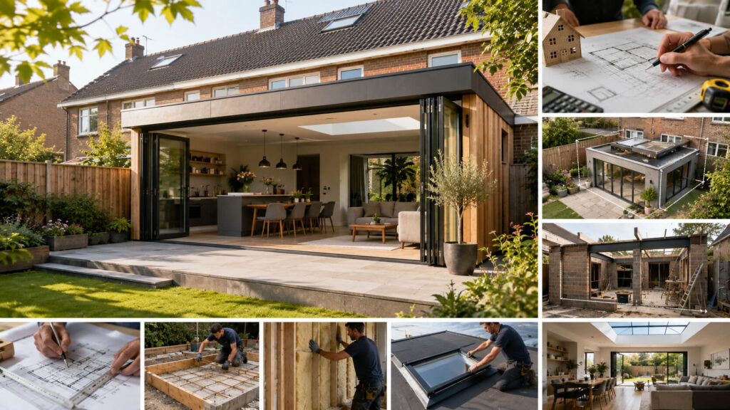 Moderne uitbouw achterzijde huis met grote raampartijen en veel lichtinval in de tuin