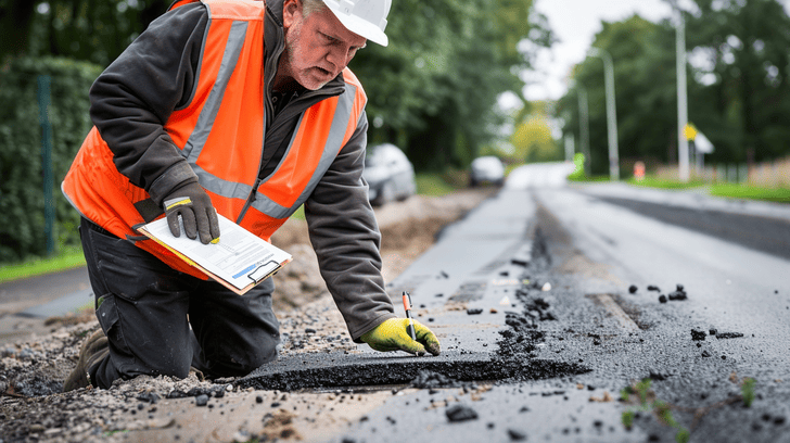 Meneer controleert asfalt bij wegwerkzaamheden