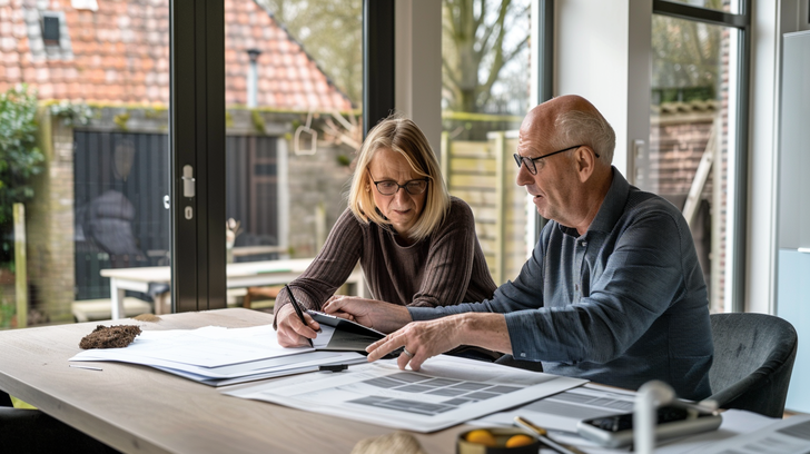 Huiseigenaren bespreken dakrenovatie met aannemer aan tafel met bouwtekeningen.
