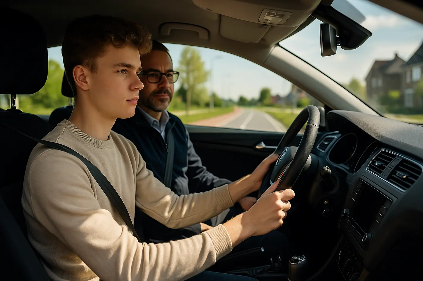 Jonge bestuurder volgt regels rijlessen onder begeleiding instructeur