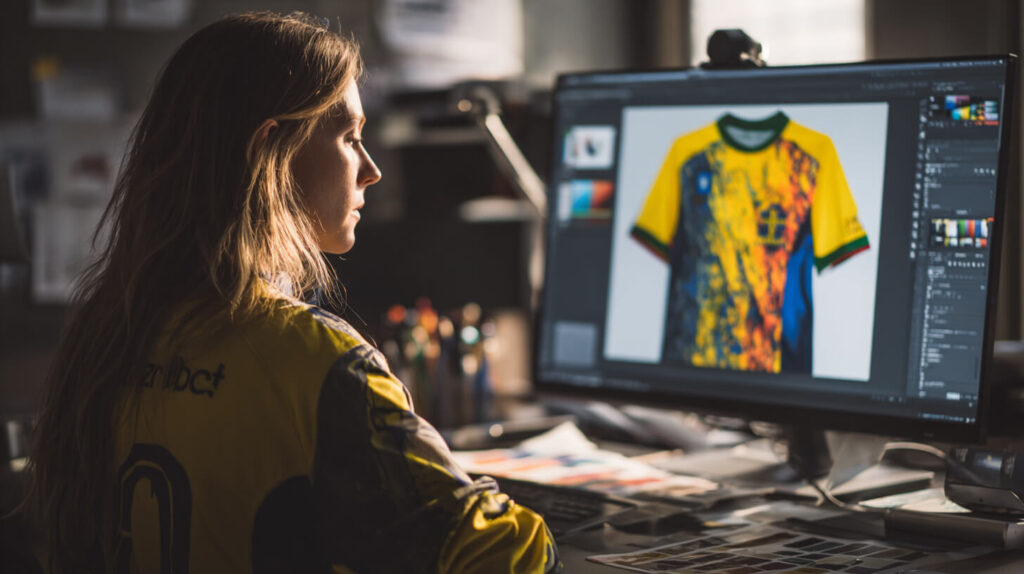 Ontwerper werkt aan een nieuw shirtontwerp voor amateurvoetbalshirts met sponsor- en clublogo’s.