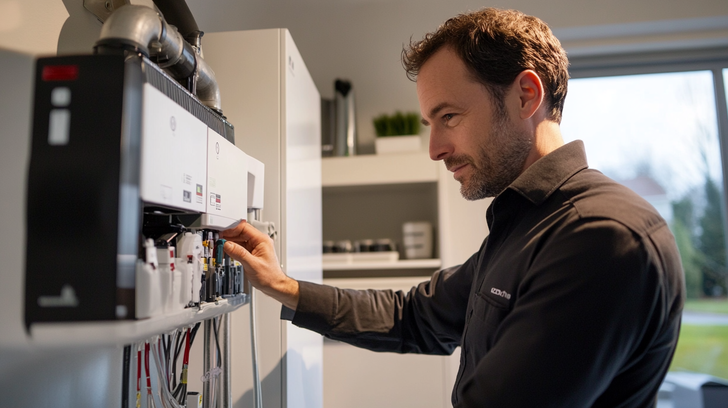 Installateur controleert een warmtepompinstallatie in een woning.