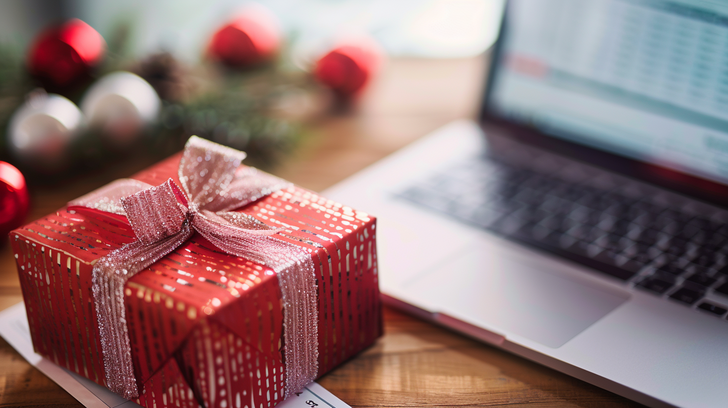 Ingepakt kerstcadeau naast laptop op kantoor, kerstpakket voor medewerkers.