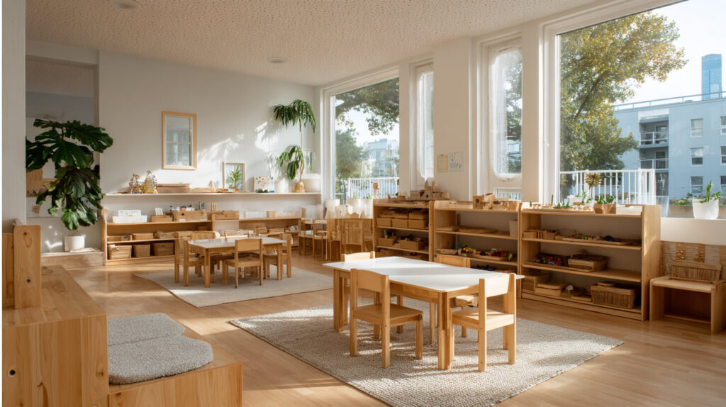 Lichte en overzichtelijke groepsruimte van een kinderopvanglocatie met houten meubels, opbergrekken en speelgoed binnen handbereik