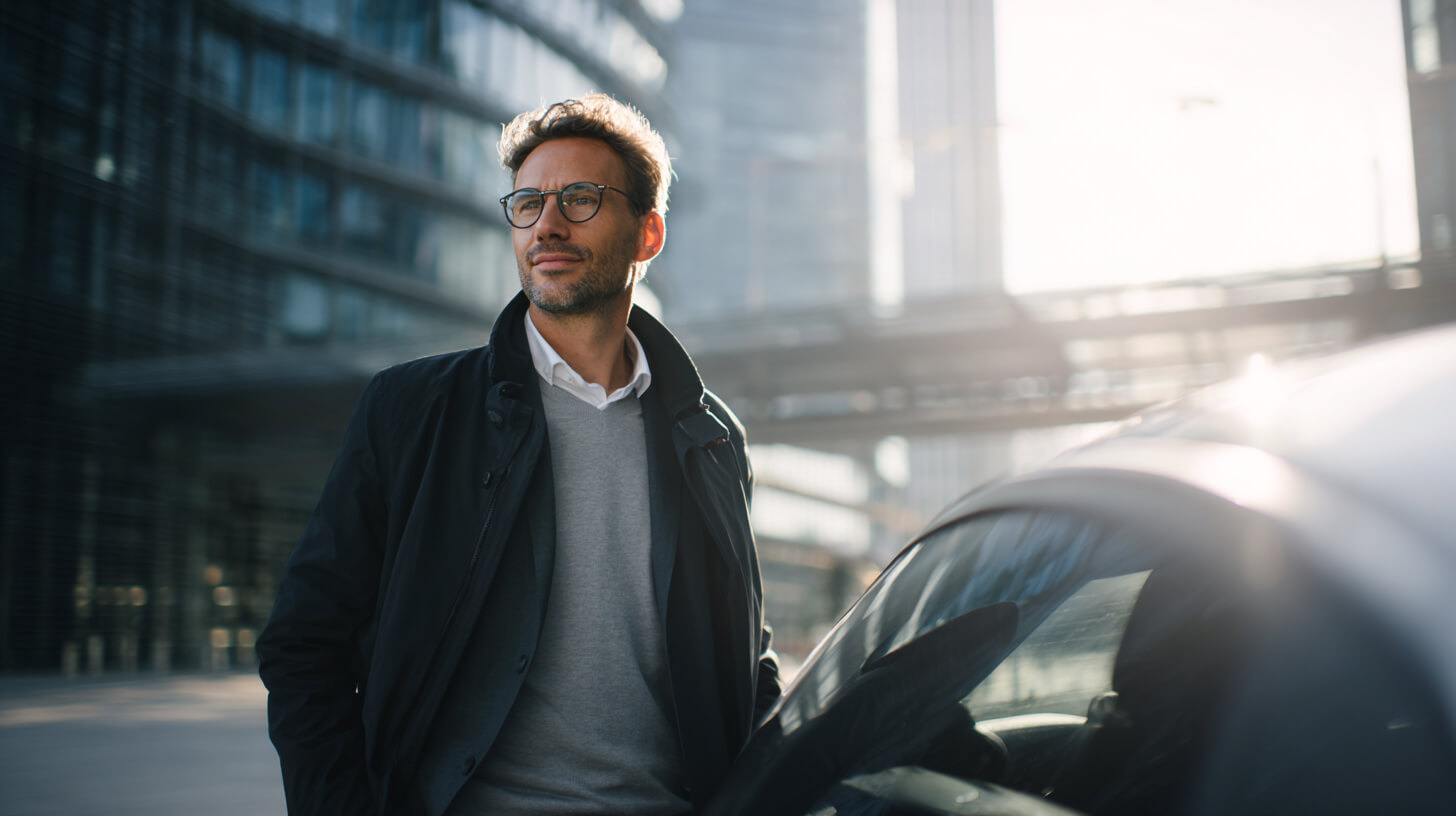 Ondernemer staat naast een zakelijke auto en verdiept zich in de regels voor een zakelijke auto.