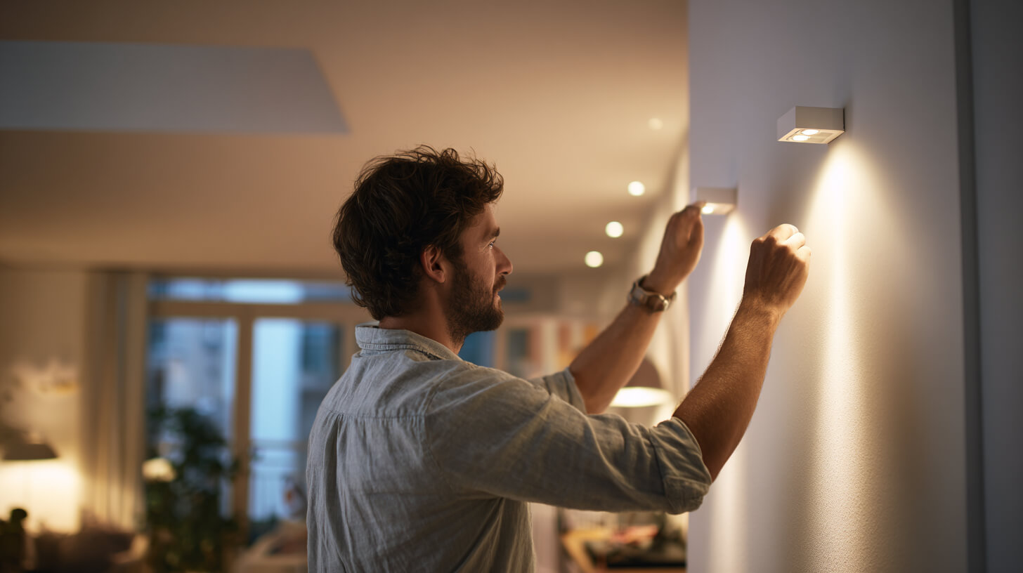 Persoon plaatst wandverlichting volgens lichtadvies op maat voor een evenwichtige lichtverdeling in huis.