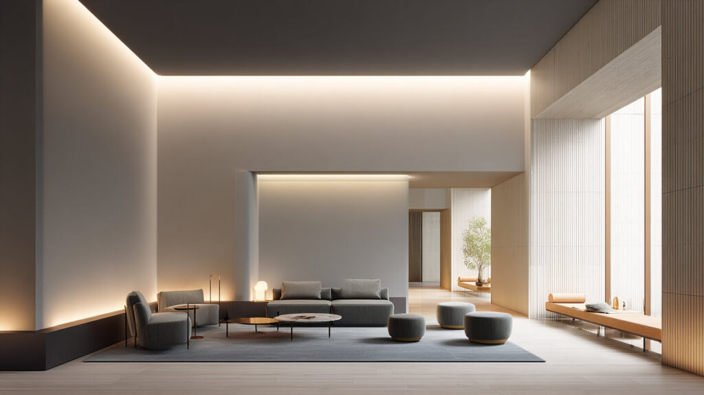 Moderne woonkamer met lichtadvies op maat en een combinatie van indirecte verlichting en accenten.