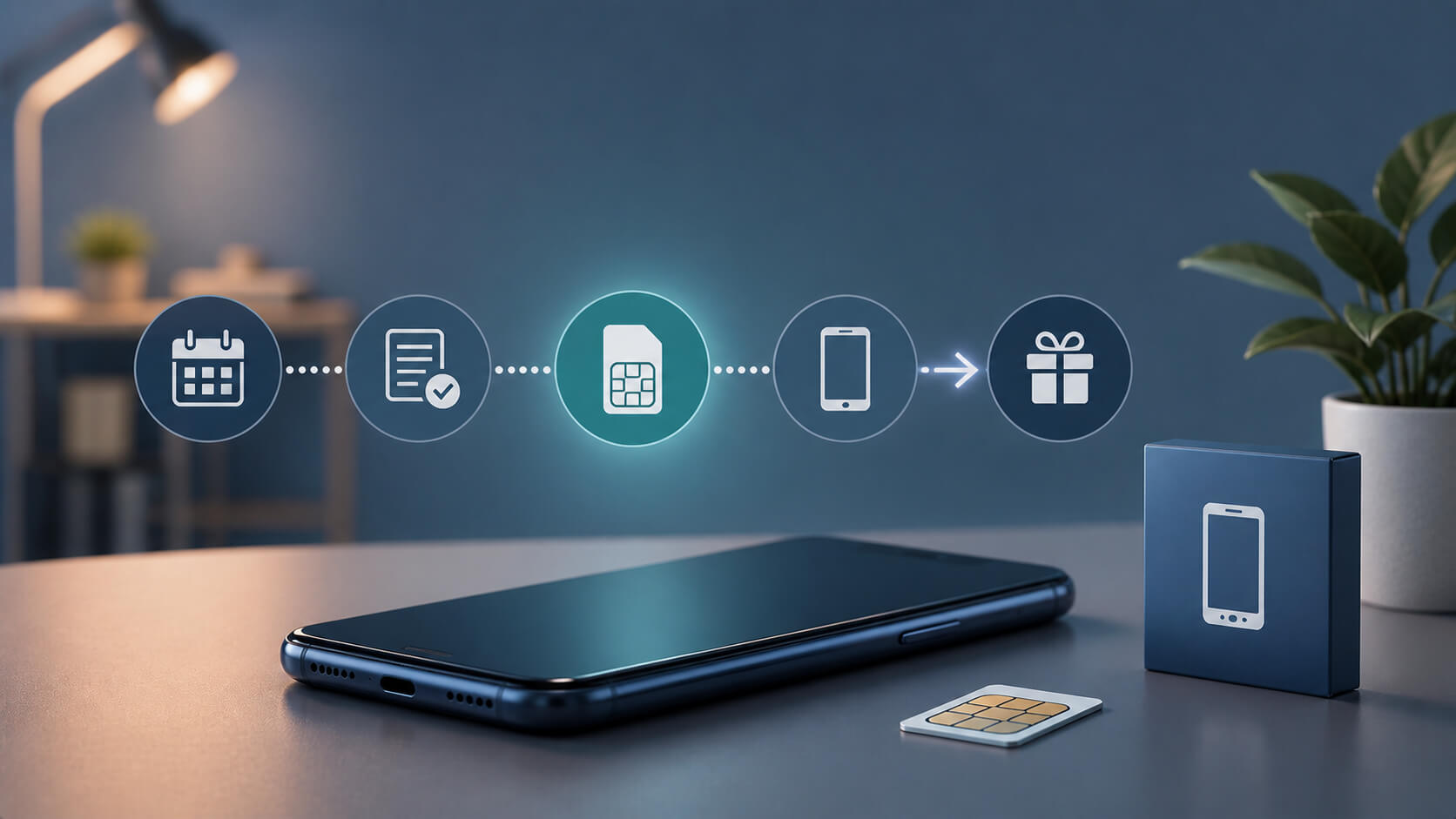 Contractverlenging mobiele diensten met smartphone, simkaart en stappen van verlengen tot nieuwe bundel