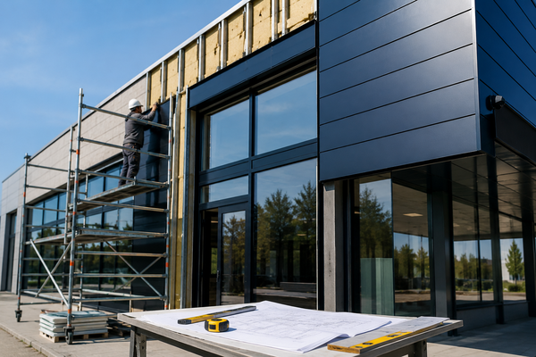 Monteur werkt aan gevelrenovatie van modern bedrijfspand met nieuwe gevelbekleding en grote glazen puien