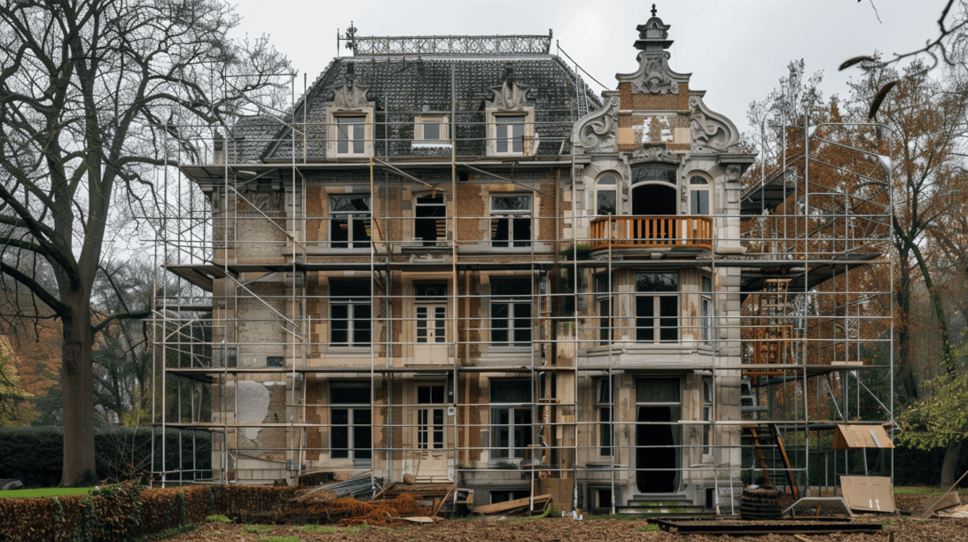 Nederlands monumentaal pand dat wordt verbouwd met steigers