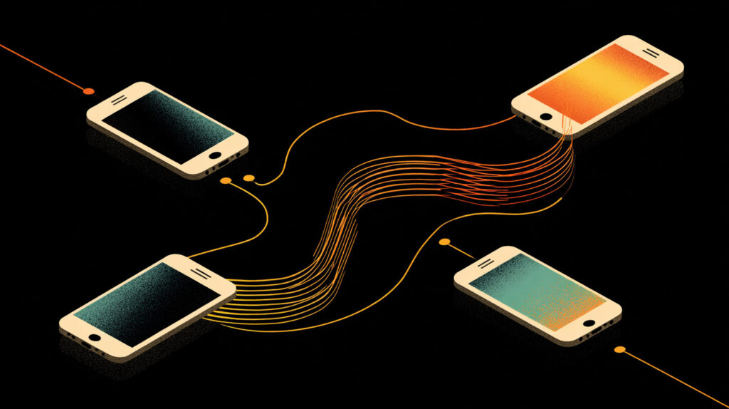 Dataverbinding tussen smartphones als illustratie van contractverlenging mobiele diensten en netwerkgebruik