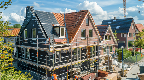 Dakrenovatie van een Nederlandse woning met steigers, isolatie en nieuwe dakpannen.