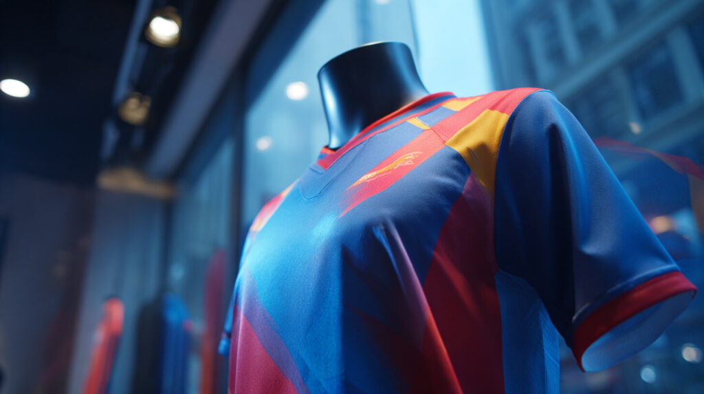 Detail van een bedrukt wedstrijdshirt met sponsorkleuren volgens de richtlijnen voor amateurvoetbalshirts.