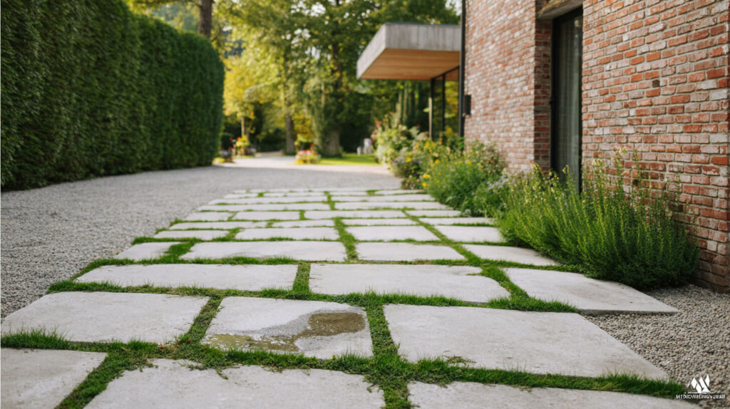 Doorlatende betontegels met grasvoegen in een grindoprit langs een bakstenen woning en een groene haag