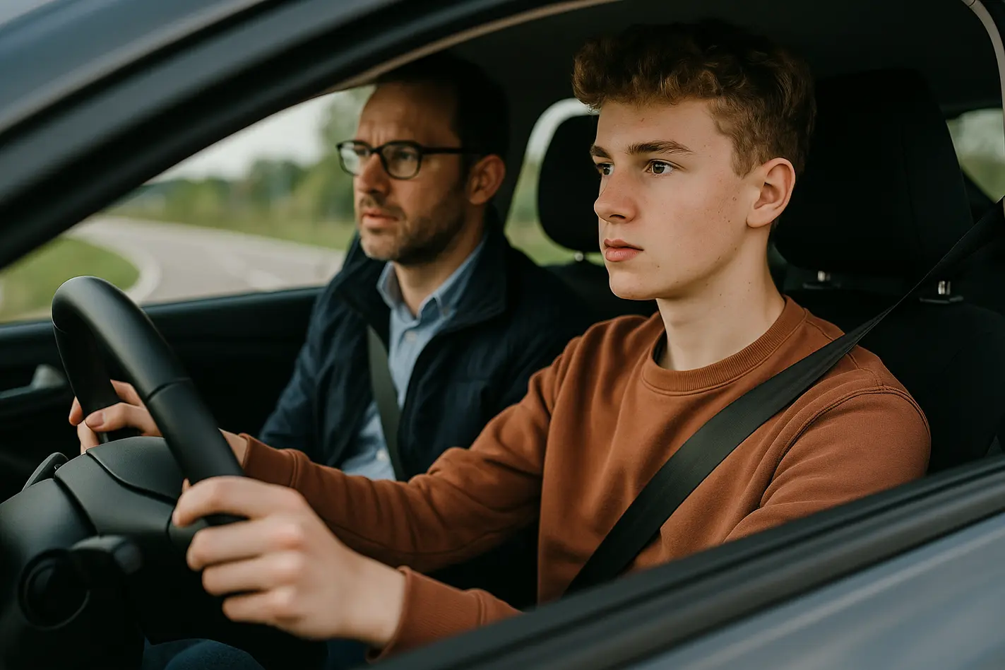Jonge bestuurder met coach regels 2toDrive-les op Nederlandse weg