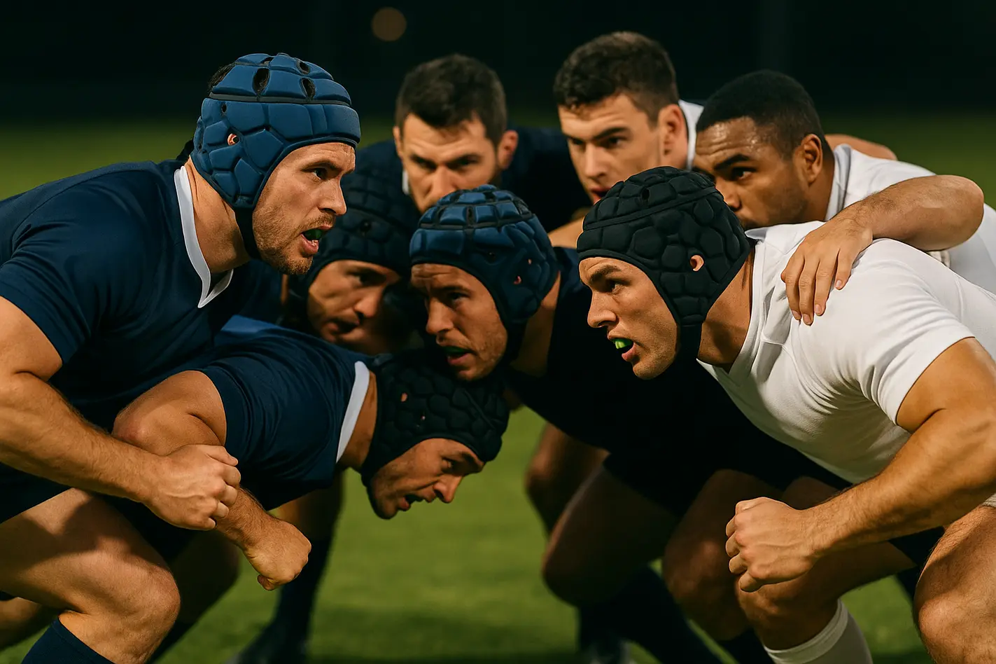 Rugby spelers in scrum formatie, regels contactsport in actie