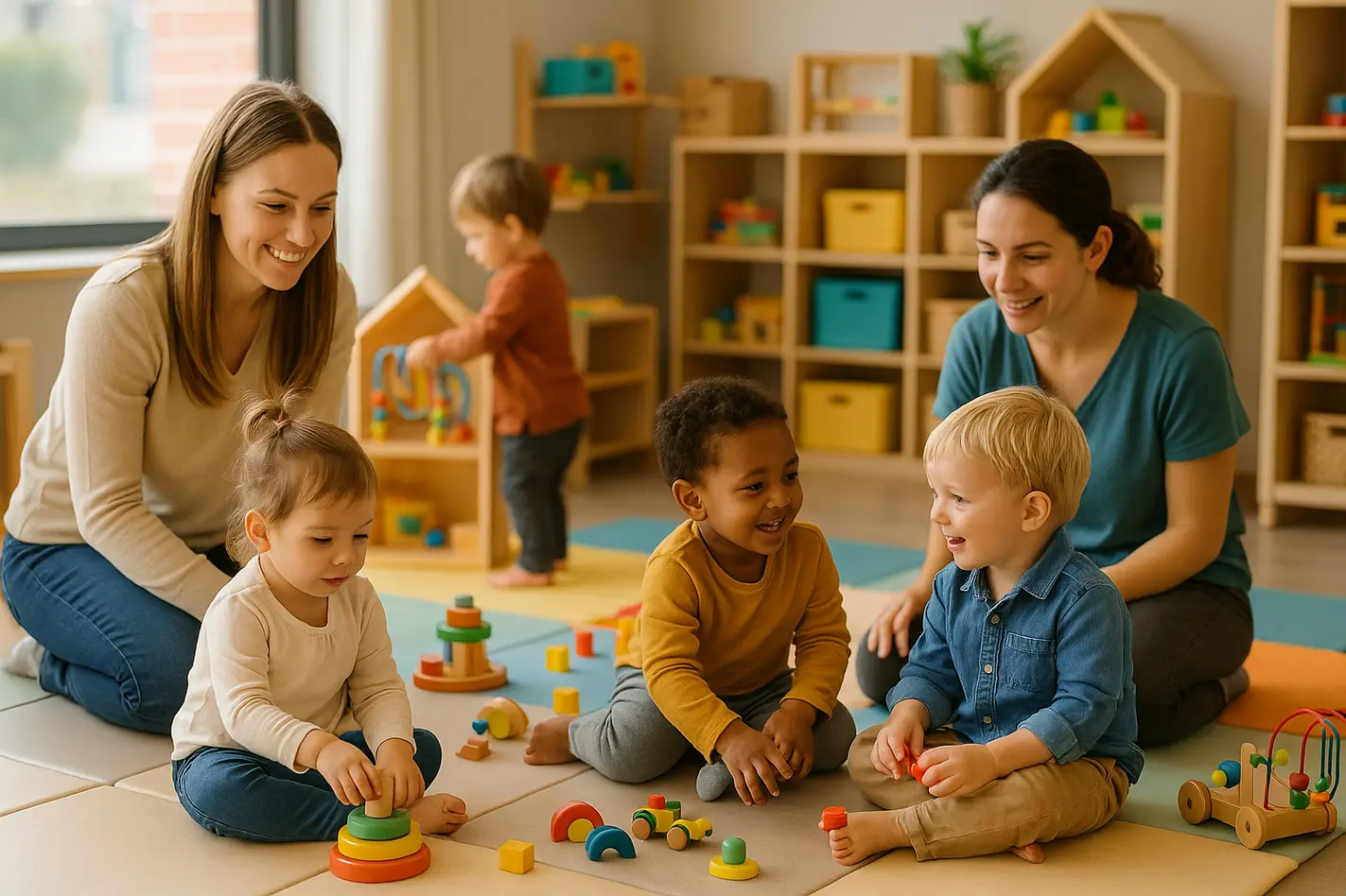 Moderne kinderopvang locatie met speelhoek, kinderen en begeleiders in veilige, warme omgeving.