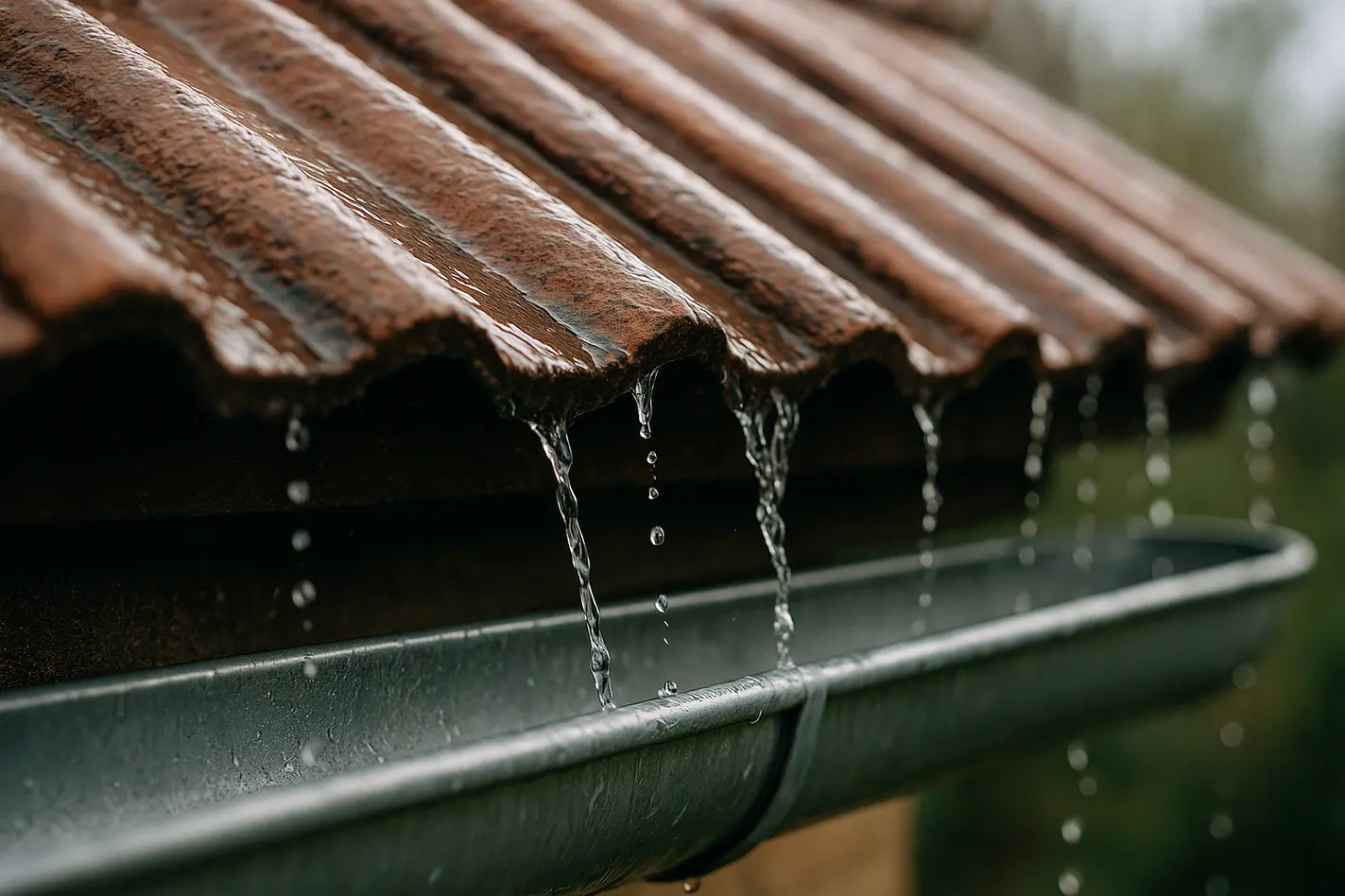 Regenwater stroomt over dakpannen naar dakgoot, regels regenwaterafvoer in praktijk
