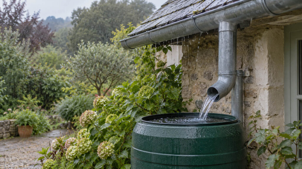 Zinken dakgoot en regenpijp leiden regenwater in een groene regenton naast hortensia's tegen een stenen huis