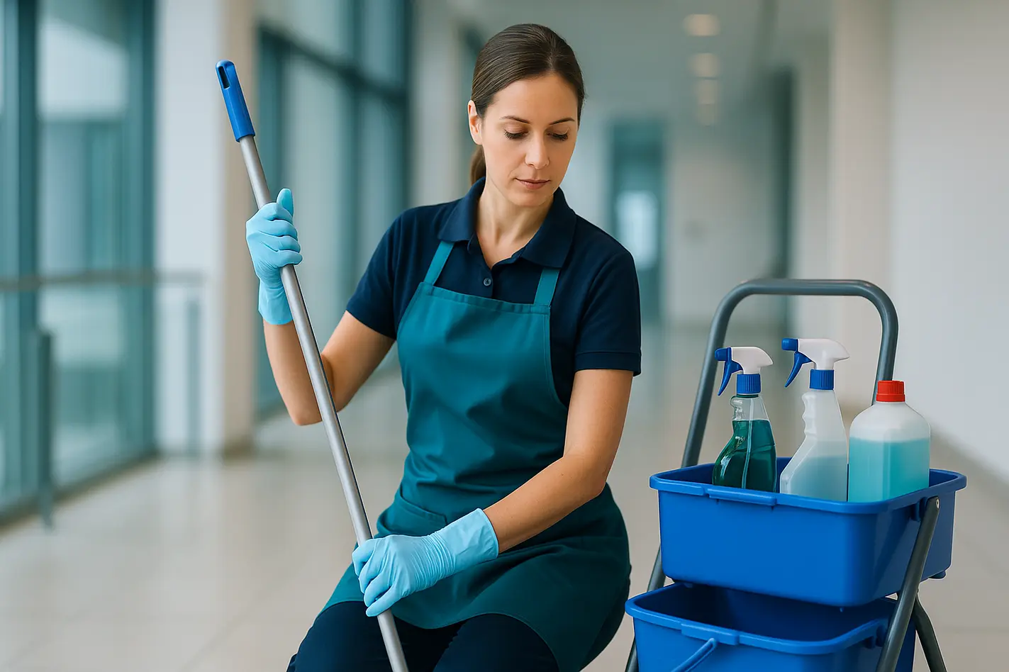 Schoonmaakprofessional met beschermingsmiddelen volgt hygiëneregels