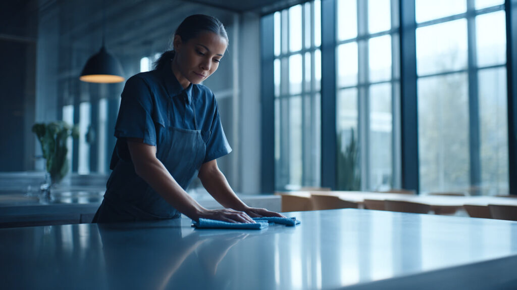 Schoonmaakmedewerkster in blauw werktenue neemt een glanzend werkblad af met een microvezeldoek in een lichte ruimte