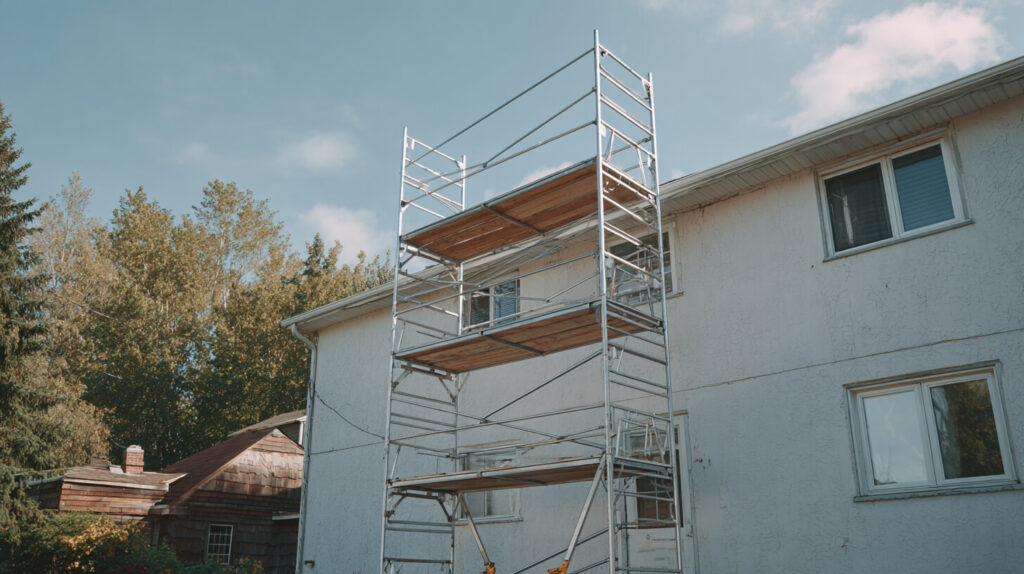 Aluminium rolsteiger met houten werkplatformen opgebouwd tegen de gevel van een woonhuis