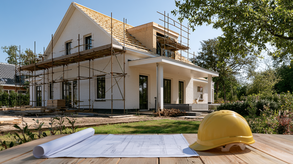 steiger en dakkapel tijdens verbouwing van een woning met bouwtekening op de voorgrond