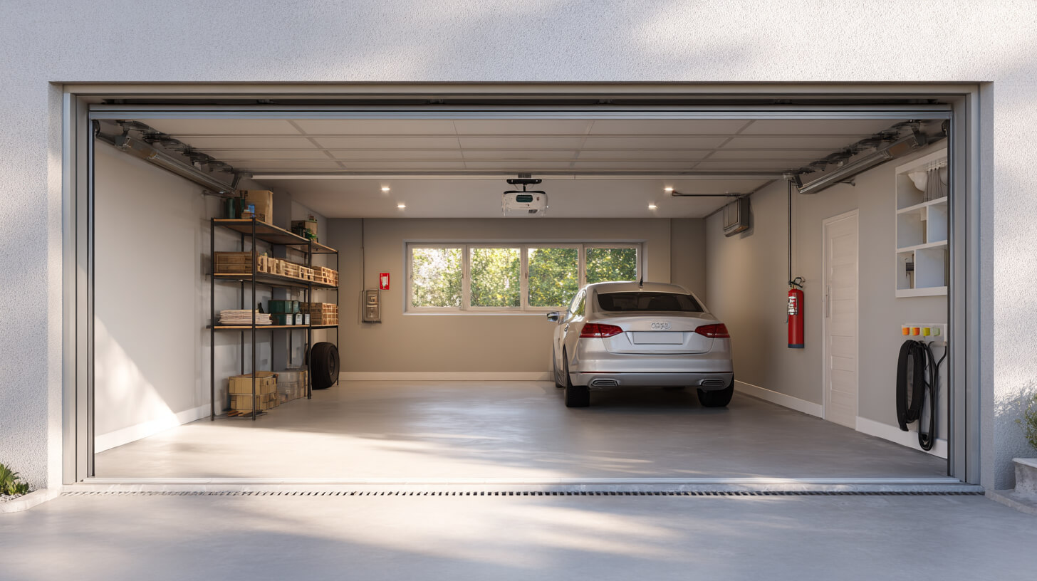 Moderne garage met garagedeur sectionaal en veilige inrichting voor brandpreventie.