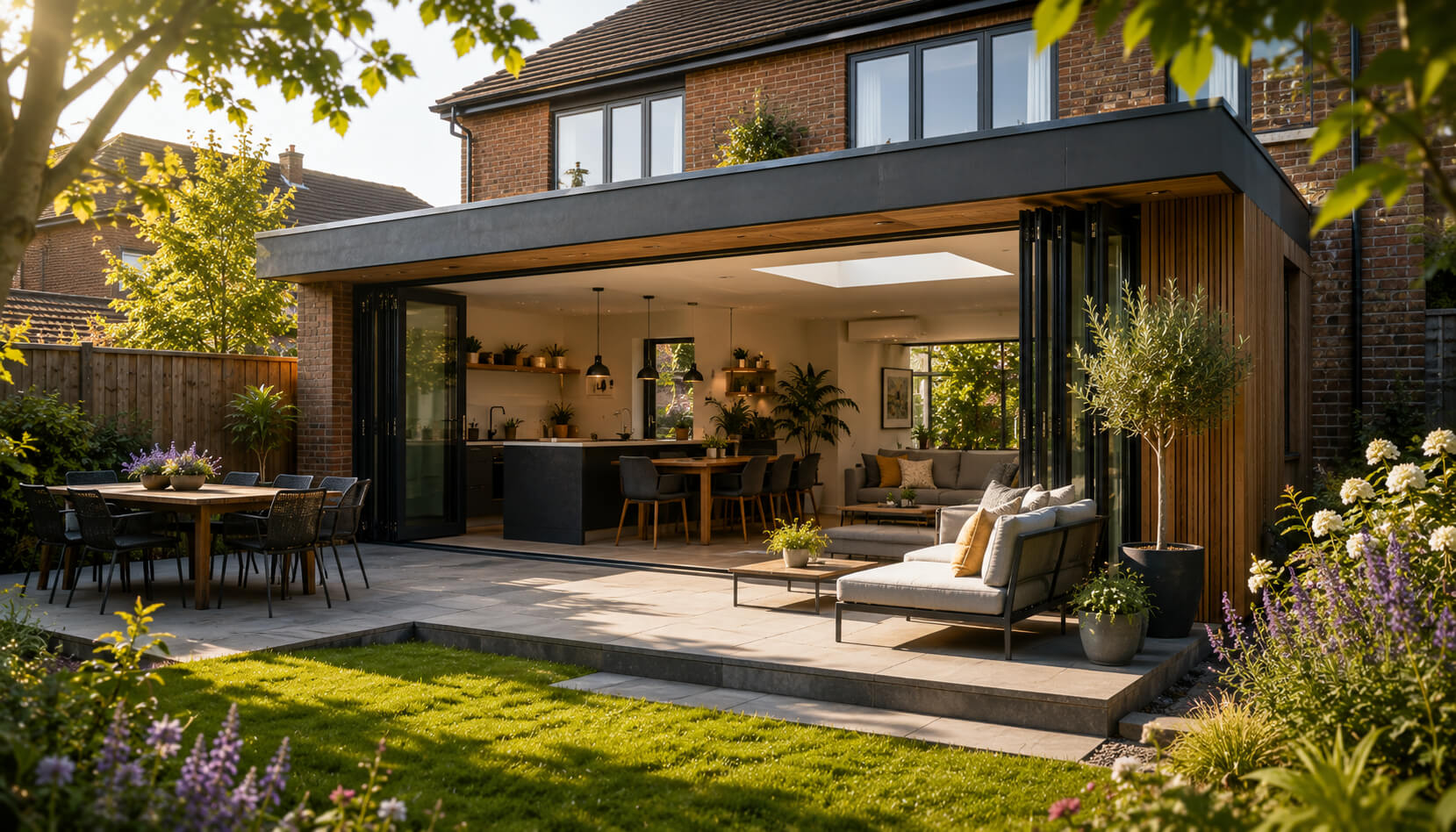 Luxe uitbouw achterzijde huis met schuifpuien en ruime zithoek voor optimaal wooncomfort