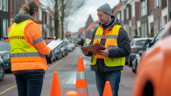 Verkeersvrijwilligers krijgen instructies bij tijdelijke wegafsluiting.
