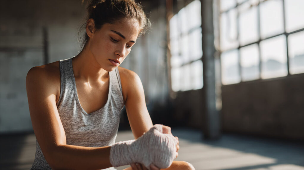 Sporter tapet haar handen af met bandage voordat een intensieve trainingssessie begint