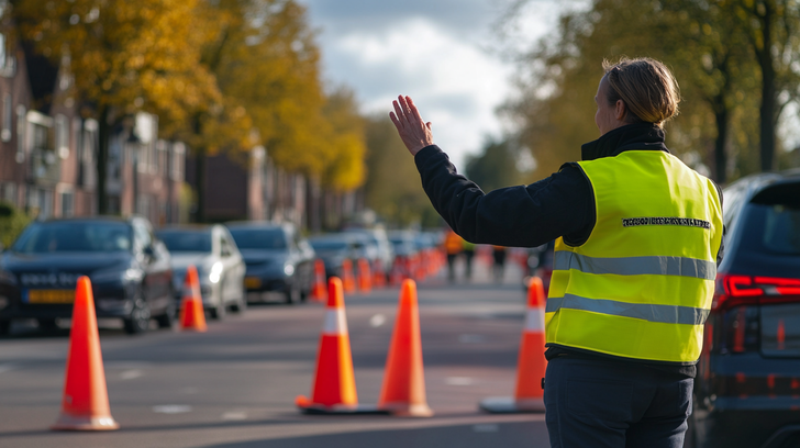 Vrijwilliger begeleidt verkeer bij tijdelijke wegafsluiting tijdens evenement.