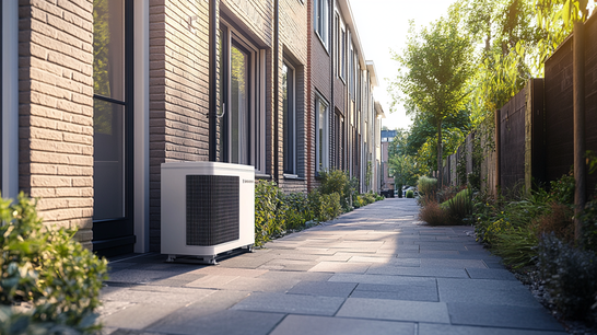 Buitenunit van een warmtepomp naast een rijtjeshuis met tuinpad.