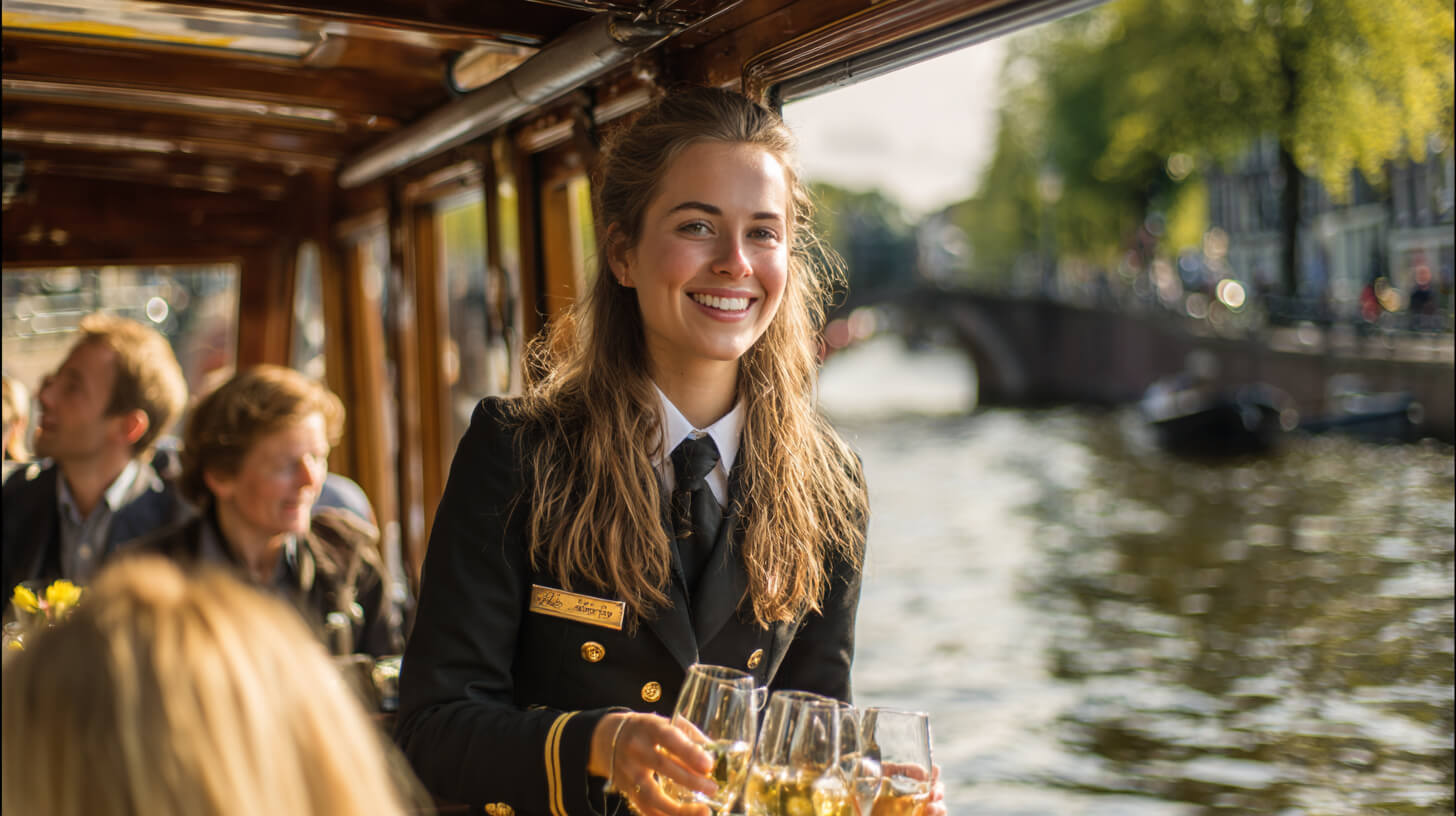 Bemanningslid serveert drank tijdens alcoholgebruik op toeristische boten volgens vaste serviceafspraken.